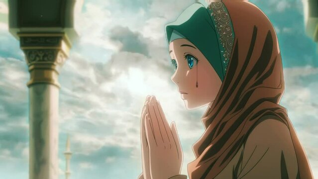 muslim woman praying at mosque, anime style