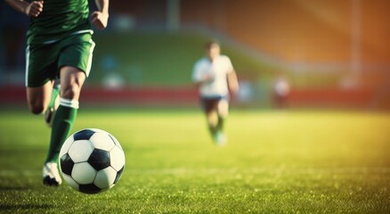 Obraz premium Soccer player dribbles a ball on green grass at a stadium with blurry fans in the background. Concept of sport competition, sportsmen and game action during a match. 