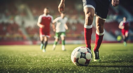 Obraz premium Soccer player dribbles a ball on green grass at a stadium with blurry fans in the background. Concept of sport competition, sportsmen and game action during a match. 