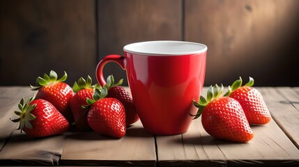 Red cup with strawberries on a wooden table.