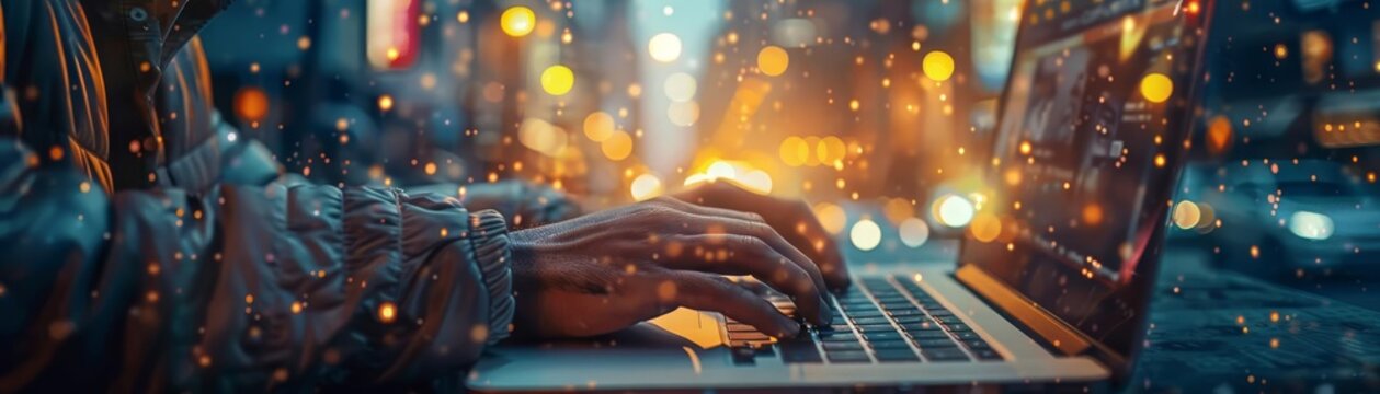 A journalist writing an article on a laptop, close up, breaking news theme, realistic, double exposure, newsroom backdrop