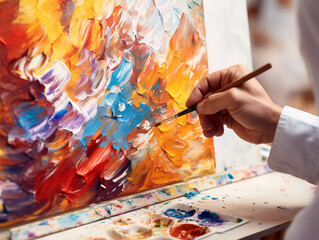 Hand of Artist Painting Abstract Art with Vibrant Colors
