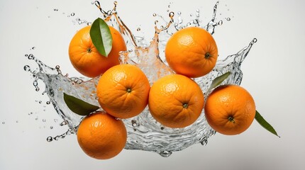 bunch of oranges on plain white background with water splash