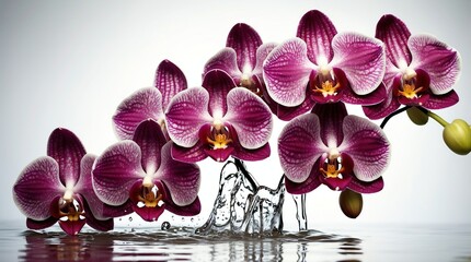bunch of orchid flowers on plain white background with water splash