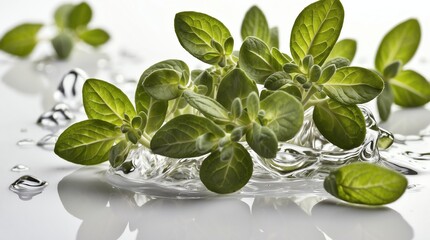 bunch of oregano leaves on plain white background with water splash
