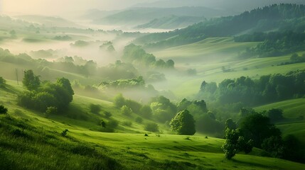 misty valley green meadows pic