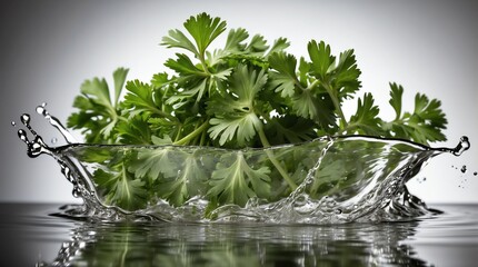 bunch of parsley leaves on plain white background with water splash