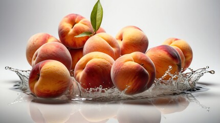 bunch of peach on plain white background with water splash