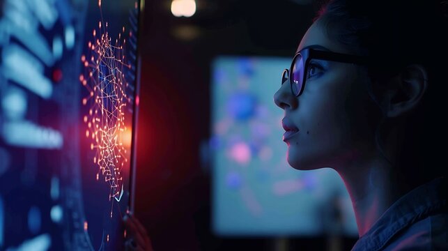 Portrait of a Young Female Professor Explaining Big Data and Artificial Intelligence Research Project in a Dark Room with a Screen Showing a Neural Network Model Computer Science Educa : Generative AI