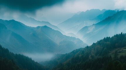 Fototapeta premium Dynamic mountain forest woods cloudy sky landscapes