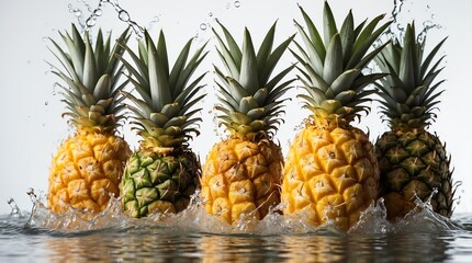 bunch of pineapple on plain white background with water splash
