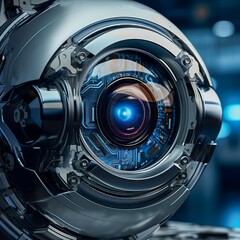 Close-up of a futuristic robot eye with intricate details, showcasing advanced technology and precision engineering.