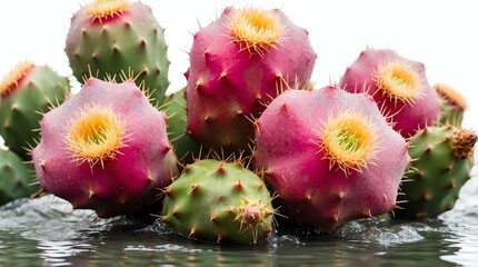 bunch of prickly pear cactus on plain white background with water splash