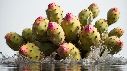 bunch of prickly pear cactus on plain white background with water splash