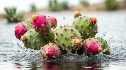 bunch of prickly pear cactus on plain white background with water splash