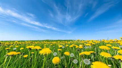 Obraz premium field dandelions blue sky pic