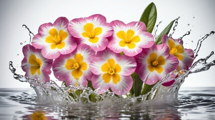 bunch of primrose flowers on plain white background with water splash