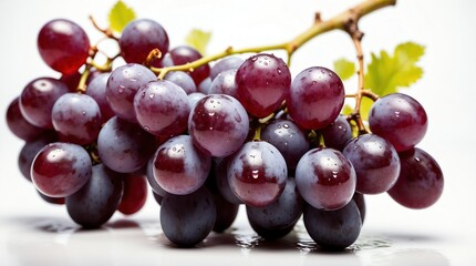 bunch of purple grapes on plain white background with water splash