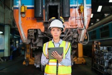 Female Industrial Engineer with Tablet in Train Yard