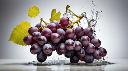 bunch of purple grapes on plain white background with water splash