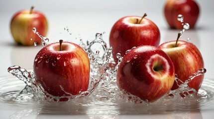 bunch of red apple on plain white background with water splash