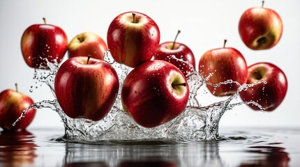 bunch of red apple on plain white background with water splash