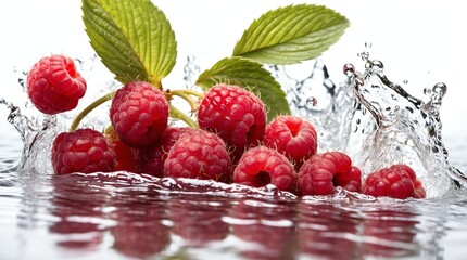 bunch of raspberry on plain white background with water splash