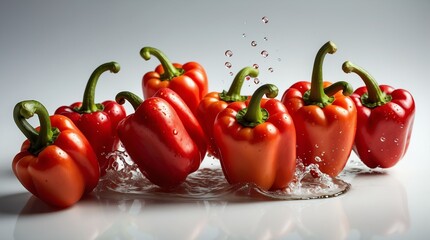 bunch of red bell pepper on plain white background with water splash