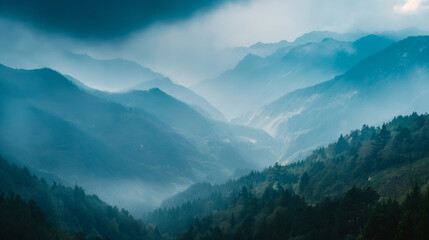 Dynamic mountain forest woods cloudy sky landscapes