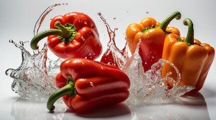 bunch of red bell pepper on plain white background with water splash