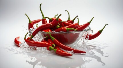 bunch of red chili on plain white background with water splash