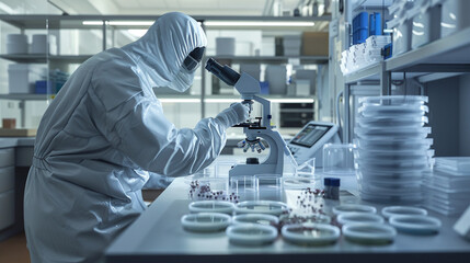 Fototapeta premium Researcher in Hazmat Suit Analyzing Microbial Cultures in Lab