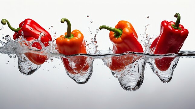 bunch of red bell pepper on plain white background with water splash - Powered by Adobe