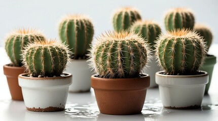 bunch of thimble cactus on plain white background with water splash