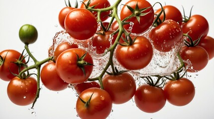 bunch of tomato on plain white background with water splash
