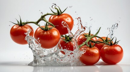 bunch of tomato on plain white background with water splash