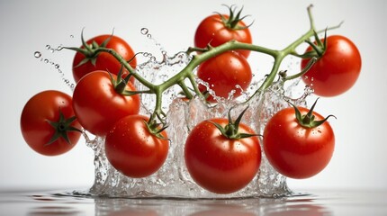 bunch of tomato on plain white background with water splash