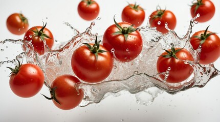 bunch of tomato on plain white background with water splash