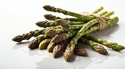 bunch of asparagus on plain white background with water splash