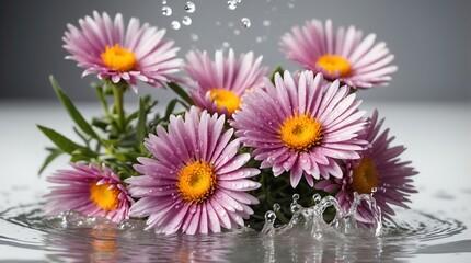 bunch of aster flowers on plain white background with water splash