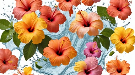 bunch of hibiscus flowers on plain white background with water splash