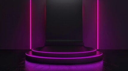 beautiful rendering of empty dark purple podium with glowing pink neon lights. Futuristic pedestal for product presentation.