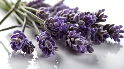bunch of lavender flowers on plain white background with water splash