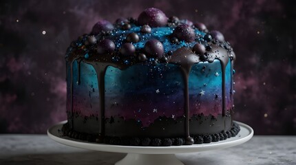 A cake shaped like a cosmic galaxy, featuring layers of dark velvet filled with edible stars that shine and frosting that resembles nebulas, set against a clear backdrop