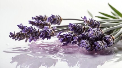 bunch of lavender flowers on plain white background with water splash