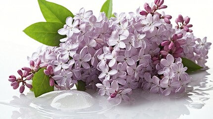 bunch of lilac flowers on plain white background with water splash