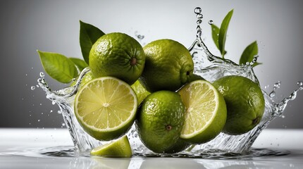 bunch of lime on plain white background with water splash