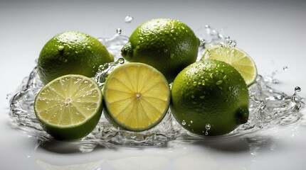 bunch of lime on plain white background with water splash