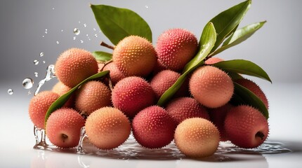 bunch of lychee on plain white background with water splash