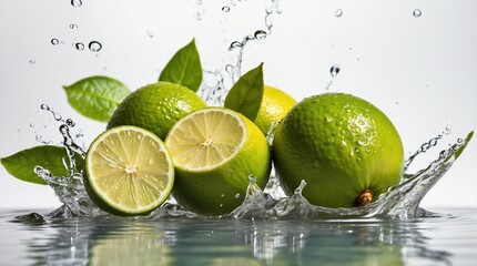 bunch of lime on plain white background with water splash